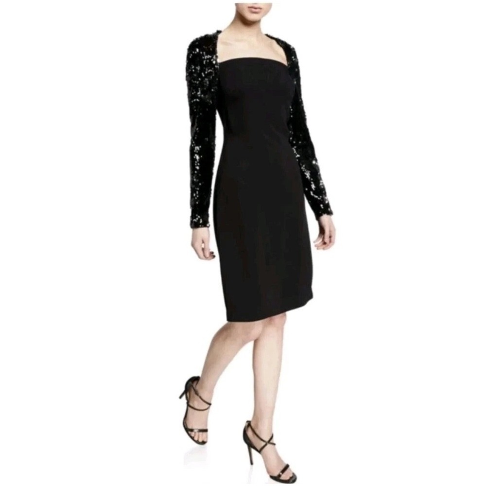 Naeem Khan NK32 Black Sequin Sleeve Dress Square Neck Pencil Designer Sz 8